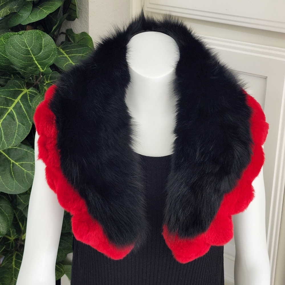 Fox & Rabbit Fur Collar Topper Black And Red View 2